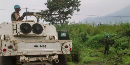 United Nations peacekeepers guard the area where a U.N. convoy was attacked in Nyiragongo, North Kivu province, Democratic Republic of Congo, Feb. 22, 2021 (AP photo by Justin Kabumba).