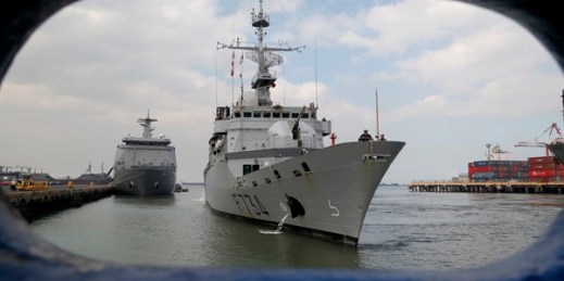 The French Navy ship Vendemiaire during a port call in Manila, Philippines, March 12, 2018 (AP photo by Bullit Marquez).