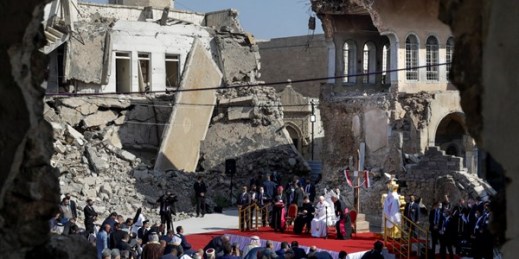 Pope Francis, surrounded by shells of destroyed churches, leads a prayer for the victims of war at Hosh al-Bieaa Church Square, in Mosul, Iraq, March 7, 2021 (AP photo by Andrew Medichini).