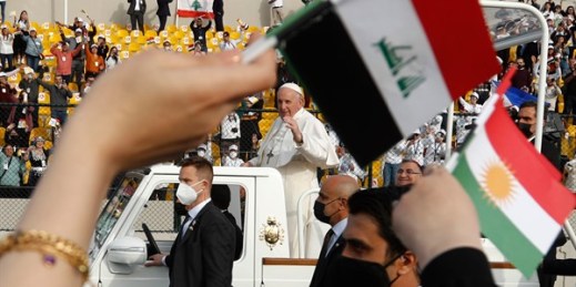 Pope Francis arrives for an open air Mass at a stadium in Irbil, Iraq, March 7, 2021 (AP photo by Hadi Mizban).