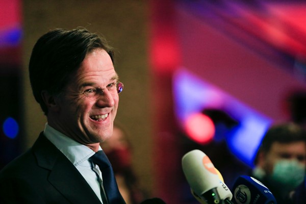 Dutch caretaker Prime Minister Mark Rutte speaks with the media on the day of the Netherlands’ general election, The Hague, Netherlands, March 17, 2021 (pool photo by Eva Plevier via AP Images).