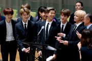 Members of the Korean K-pop group BTS attend a meeting during the 73rd session of the United Nations General Assembly, at U.N. headquarters, Sept. 24, 2018 (AP photo by Craig Ruttle).