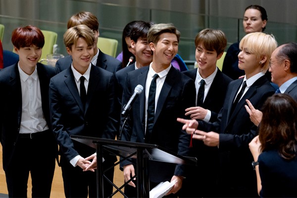Members of the Korean K-pop group BTS attend a meeting during the 73rd session of the United Nations General Assembly, at U.N. headquarters, Sept. 24, 2018 (AP photo by Craig Ruttle).