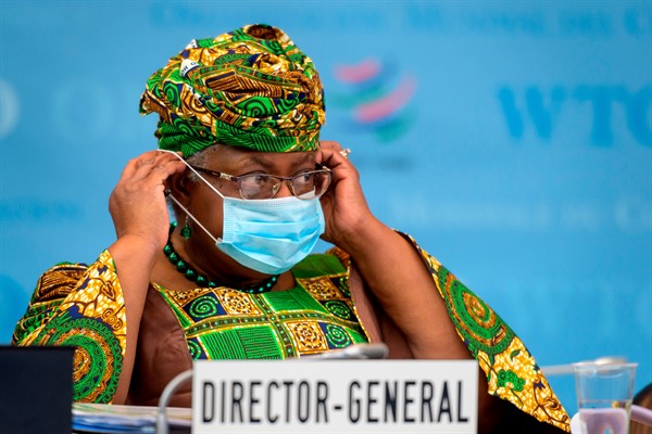 The new director-general of the World Trade Organization, Ngozi Okonjo-Iweala, at a session of the WTO General Council in Geneva, Switzerland, March 1, 2021 (Keystone photo by Fabrice Coffrini via AP).