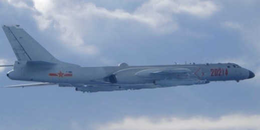 A Chinese People’s Liberation Army H-6 bomber fitted with the YJ-12 anti-ship cruise missile flying near the Taiwan air defense identification zone, Sept. 18, 2020 (Photo by Taiwan Ministry of National Defense via AP Images).