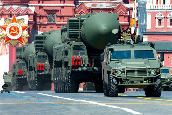Russian RS-24 Yars ballistic missiles makes its way through Red Square during the Victory Day military parade marking the 75th anniversary of the Nazi defeat, in Moscow, Russia, Jan. 26, 2021 (AP photo by Alexander Zemlianichenko).