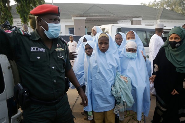 Students who were abducted by gunmen in Zamfara state after their release, in Gusau, northern Nigeria, March 2, 2021 (AP photo by Sunday Alamba).