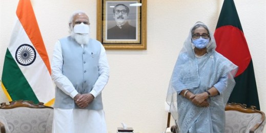 Indian Prime Minister Narendra Modi, left, and his Bangladeshi counterpart, Sheikh Hasina, in Dhaka, Bangladesh, March 26, 2021 (Photo courtesy of Modi’s Twitter account).
