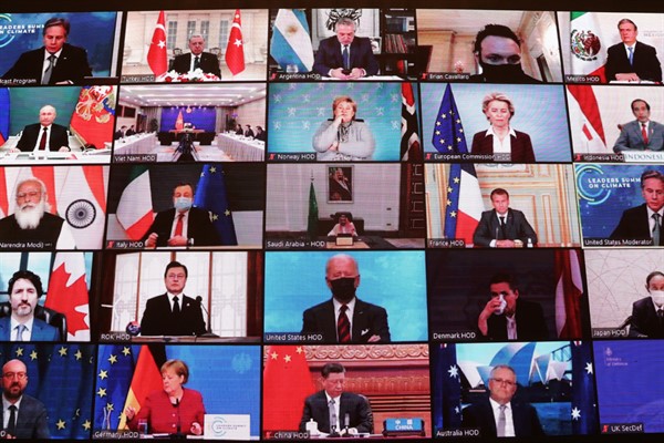 World leaders virtually attend the opening session of the Leaders Summit on Climate, as seen on a screen at Turkish President Recep Tayyip Erdogan’s office in Ankara, Turkey, April 22, 2021 (Photo by Mustafa Kamaci for Turkish Presidency via AP).