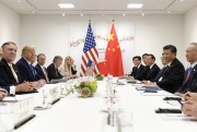 President Donald Trump meets with Chinese leader Xi Jinping, second from right, during a meeting on the sidelines of the G-20 summit in Osaka, Japan, June 29, 2019 (AP photo by Susan Walsh).