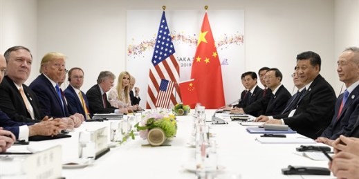 President Donald Trump meets with Chinese leader Xi Jinping, second from right, during a meeting on the sidelines of the G-20 summit in Osaka, Japan, June 29, 2019 (AP photo by Susan Walsh).