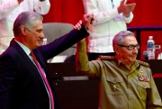 Raul Castro, right, with Cuban President Miguel Diaz-Canel at the closing session of the Cuban Communist Party’s eighth congress, in Havana, April 19, 2021 (ACN photo by Ariel Ley Royero via AP).