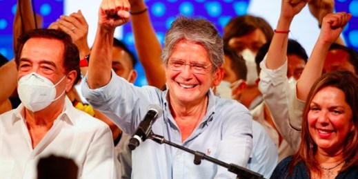Guillermo Lasso, president-elect of Ecuador, speaks to supporters at his campaign headquarters following the runoff election, in Guayaquil, Ecuador, April 11, 2021 (AP photo by Angel Dejesus).