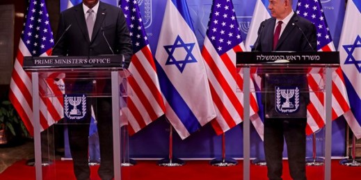 U.S. Defense Secretary Lloyd Austin, left, and Israeli Prime Minister Benjamin Netanyahu at the prime minister’s office, in Jerusalem, April 12, 2021 (pool photo by Menahem Kahana via AP).