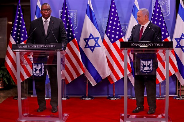 U.S. Defense Secretary Lloyd Austin, left, and Israeli Prime Minister Benjamin Netanyahu at the prime minister’s office, in Jerusalem, April 12, 2021 (pool photo by Menahem Kahana via AP).