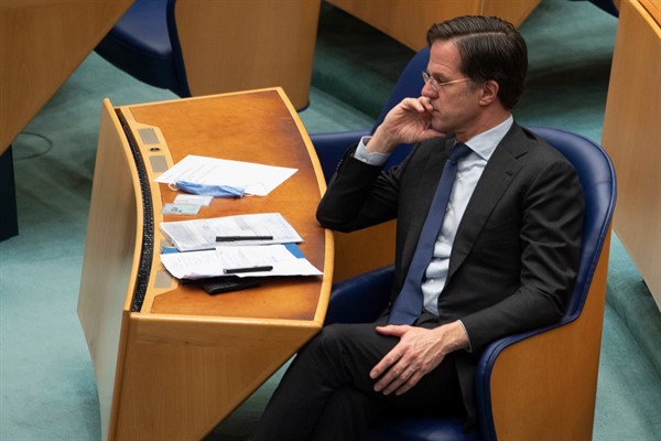 Caretaker Dutch Prime Minister Mark Rutte listens to the debate in parliament in The Hague, Netherlands, April 1, 2021 (AP photo by Peter Dejong).