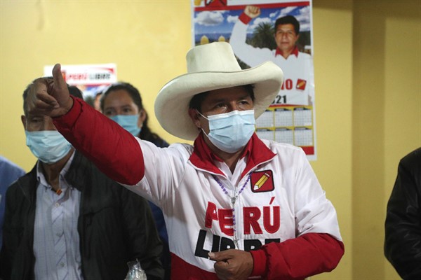 Presidential candidate of the Peru Libre party Pedro Castillo speaks during a conference in Chota, Peru, April 14, 2021 (AP photo by Martin Mejia).
