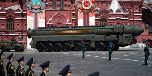 A Russian army RS-24 Yars ballistic missile makes its way through the Red Square during the Victory Day military parade marking the 75th anniversary of the Nazi defeat in WWII, in Moscow, Russia, June 24, 2020 (pool photo by Pavel Golovkin via AP).
