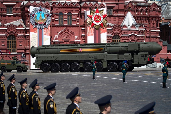 A Russian army RS-24 Yars ballistic missile makes its way through the Red Square during the Victory Day military parade marking the 75th anniversary of the Nazi defeat in WWII, in Moscow, Russia, June 24, 2020 (pool photo by Pavel Golovkin via AP).