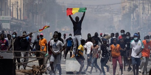 Protests against the arrest of opposition leader Ousmane Sonko in Dakar, Senegal, March 5, 2021 (AP photo by Leo Correa).