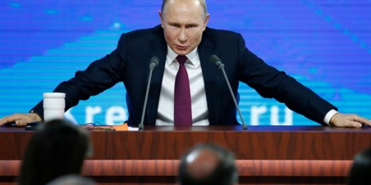 Russian President Vladimir Putin speaks during his annual news conference in Moscow, Russia, Dec. 20, 2018 (AP photo by Alexander Zemlianichenko).
