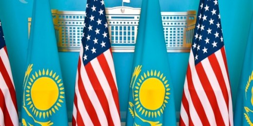 U.S. and Kazakh national flags at the scene of a news conference with then-U.S. Secretary of State Mike Pompeo and Kazakh Foreign Minister Mukhtar Tleuberdi, in Nur-Sultan, Kazakhstan (Sputnik photo by Vladislav Vodnev via AP Images).