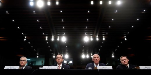 Acting FBI Director Andrew McCabe, Deputy Attorney General Rod Rosenstein, National Intelligence Director Dan Coats, and NSA Director Adm. Michael Rogers at a Senate hearing in Washington, June 7, 2017 (AP photo by Carolyn Kaster).