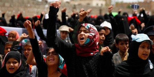 Girls chant slogans at a protest in front of the U.N. building in Sanaa, Yemen, May 12, 2016 (AP photo by Hani Mohammed).