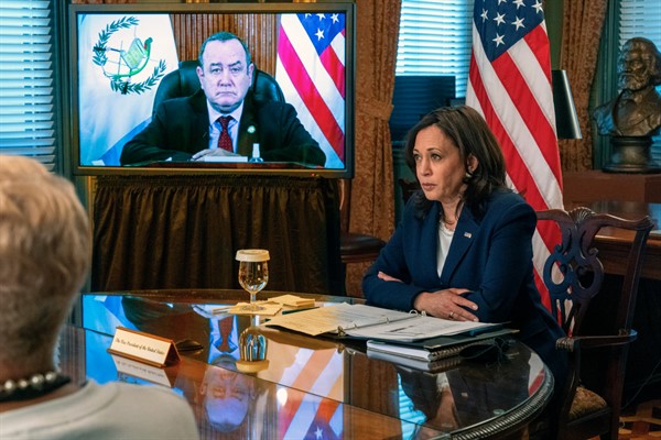 U.S. Vice President Kamala Harris meets virtually with Guatemalan President Alejandro Giammattei, seen on screen at left, in Washington, April 26, 2021 (AP photo by Jacquelyn Martin).
