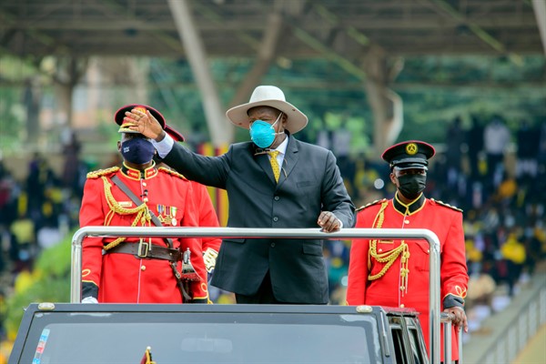 President Yowerei Museveni arrives at his inaugration, in Kololo, Uganda, May 12, 2021 (AP photo by Nicholas Bamulanzeki).
