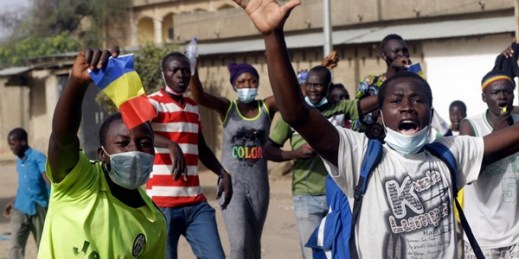 People protest against the rule of a transitional military council headed by the son of the late President Idriss Deby, in N’Djamena, Chad, April 27, 2021 (AP photo by Sunday Alamba).