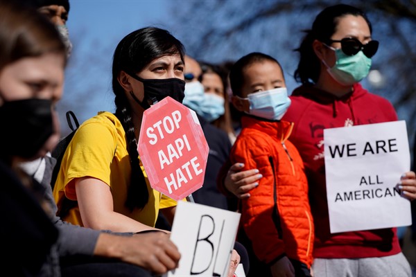 Demonstrators at a Stop Asian Hate rally in Chicago, March 20, 2021 (AP photo by Nam Y. Huh).