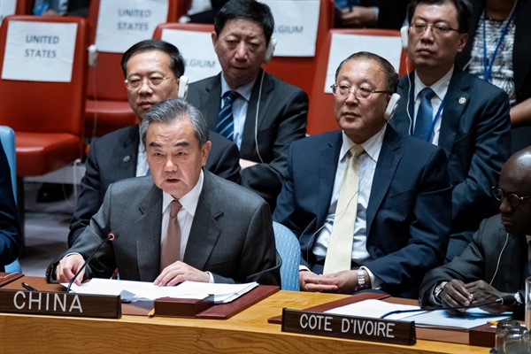 Chinese Foreign Minister Wang Yi addresses the United Nations Security Council, at U.N. headquarters, Sept. 26, 2019 (AP photo by Craig Ruttle).