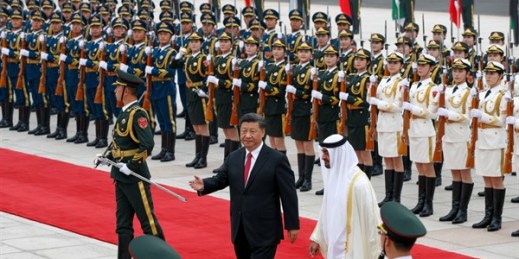The UAE’s de facto ruler, Mohammed bin Zayed, right, and Chinese President Xi Jinping during a welcome ceremony at the Great Hall of the People in Beijing, July 22, 2019 (AP photo by Andy Wong).