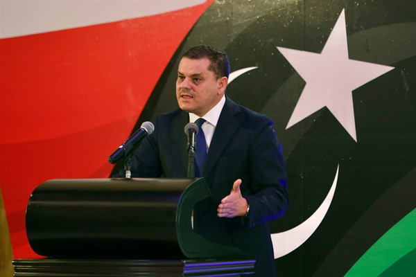 Abdul Hamid Dbeibah, then the prime minister-designate of Libya, during a news conference in Tripoli, Feb. 25, 2021 (AP photo by Hazem Ahmed).