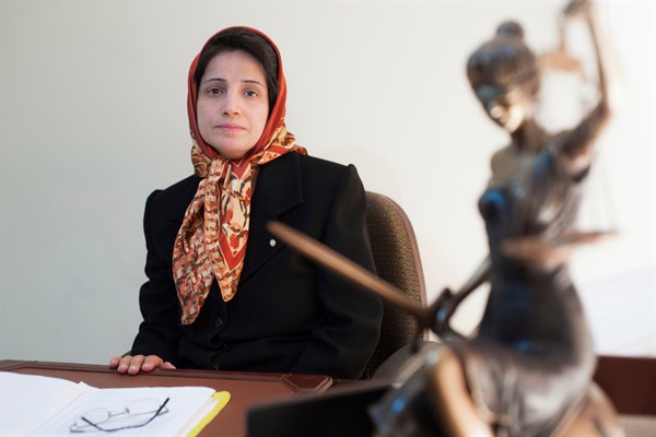 Iranian human rights lawyer Nasrin Sotoudeh in her office in Tehran, Iran, Nov. 1, 2008 (AP photo by Arash Ashourinia).