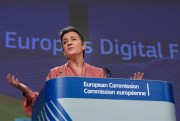 Margrethe Vestager, the European Commission’s executive vice president for a Europe fit for the digital age, speaks on Europe's Digital Future at EU headquarters in Brussels, Feb. 19, 2020 (AP photo by Virginia Mayo).