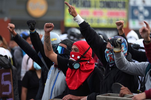 An anti-government protest in Bogota, Colombia, May 10, 2021 (AP photo by Fernando Vergara).