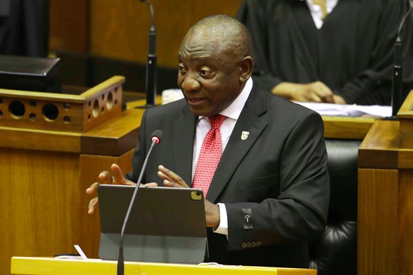 South African President Cyril Ramaphosa delivers his State of the Nation Address to Parliament, in Cape Town, South Africa, Feb. 11, 2021 (pool photo by Esa Alexander via AP).