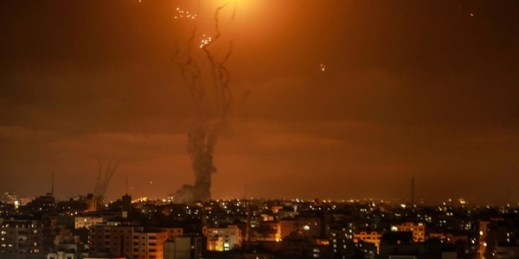 Israel’s Iron Dome aerial defense system intercepts rockets fired by Palestinian militants in Gaza towards Israel, in Gaza City, May 10, 2021 (Photo by Mohammed Talatene for dpa via AP Images).