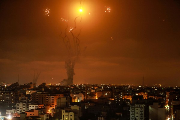 Israel’s Iron Dome aerial defense system intercepts rockets fired by Palestinian militants in Gaza towards Israel, in Gaza City, May 10, 2021 (Photo by Mohammed Talatene for dpa via AP Images).