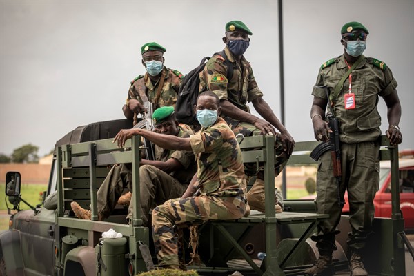 Security forces in Bamako, Mali, Aug. 22, 2020 (AP Photo).
