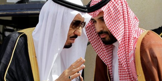 Then-Crown Prince Salman, left, speaks with his son, Mohammed bin Salman, in Riyadh, Saudi Arabia, May 14, 2012 (AP photo by Hassan Ammar).
