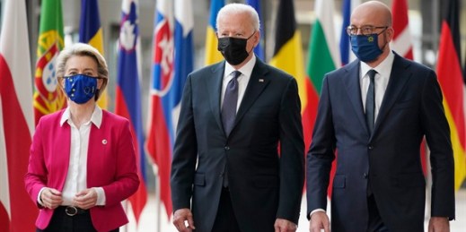 President Joe Biden, center, with European Council President Charles Michel, right, and European Commission President Ursula von der Leyen, during the U.S.-EU Summit at the European Council in Brussels, June 15, 2021 (AP photo by Patrick Semansky).