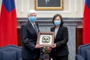 Taiwanese President Tsai Ing-wen, right, and former U.S. Senator Chris Dodd during a meeting in Taipei, April 15, 2021 (Taiwan Presidential Office photo via AP Images).