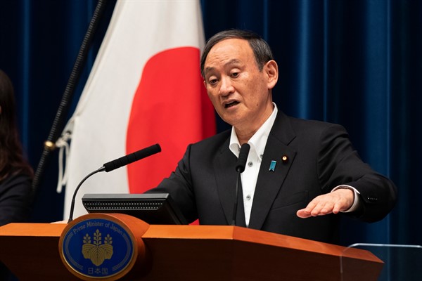 Japanese Prime Minister Suga Yoshide at a news conference in Tokyo, May 7, 2021 (AP photo by Hiro Komae).