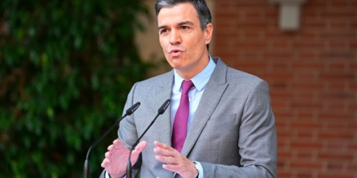 Spanish Prime Minister Pedro Sanchez delivers a statement at the Moncloa Palace in Madrid, June 22, 2021 (AP photo by Paul White).