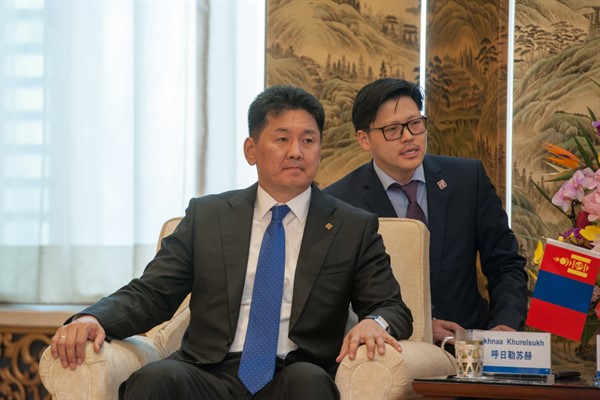 Mongolia’s then-prime minister, Ukhnaagiin Khurelsukh, attends the Mongolia-China Business Forum in Beijing, April 11, 2018 (Imaginechina photo via AP Images).
