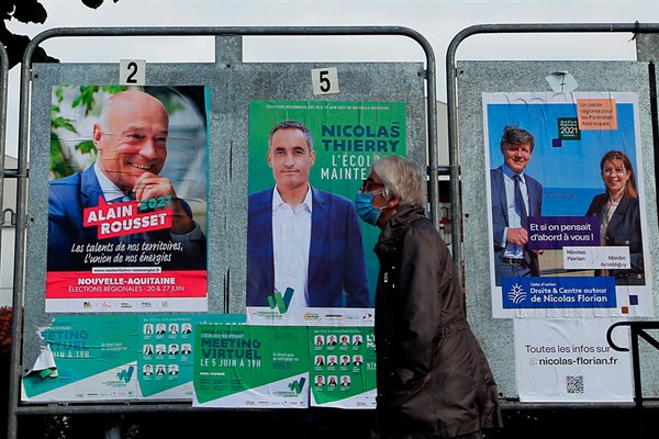 Election campaign posters advertising the regional election in Saint Jean de Luz, France, June 25, 2021 (AP photo by Bob Edme).