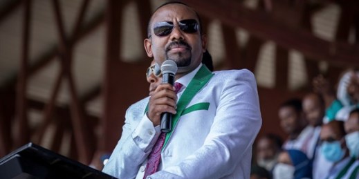 Ethiopian Prime Minister Abiy Ahmed speaks at a final campaign rally in the town of Jimma, in the southwestern Oromia region of Ethiopia, June 16, 2021 (AP photo by Mulugeta Ayene).